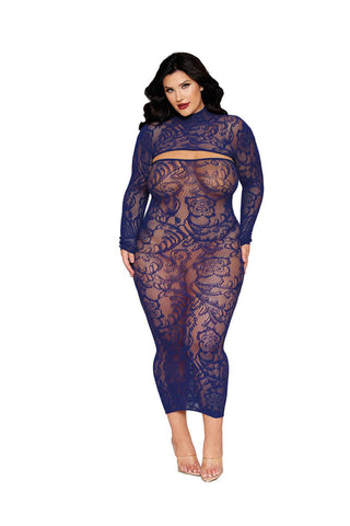 Dreamgirl Bodystocking Gown and Shrug Set in Eclipse Color Blue Bodystocking