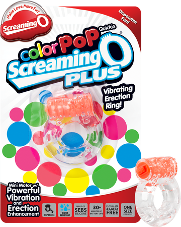 Screaming O Colour Pop Quickie Plus – Stretchy Vibrating Erection Ring with Clitoral Stimulator Orange > Cock Ring > Vibrating