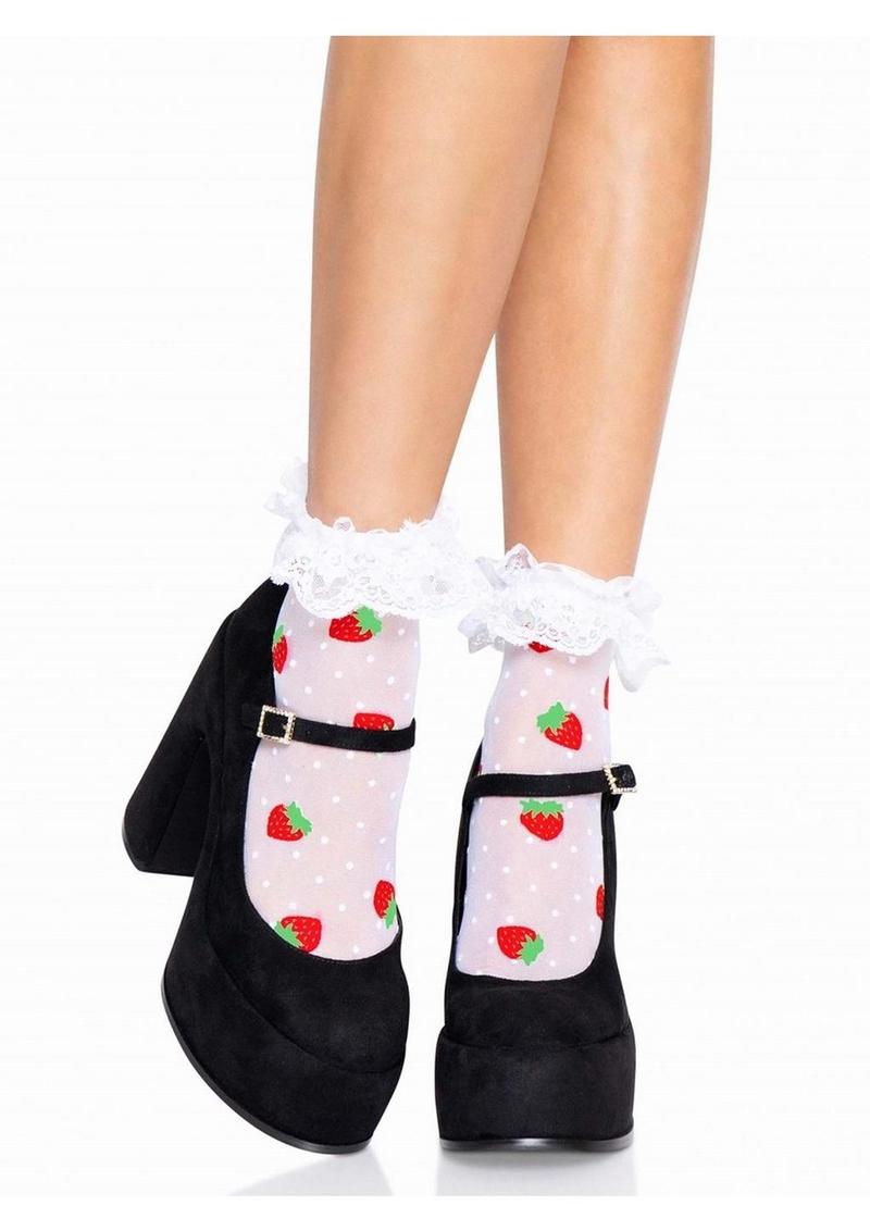 Strawberry Polka Dot Ruffle Top Anklets (White/Red) – One Size Hosiery Accessory > Clothes > Hosiery > Socks & Anklets