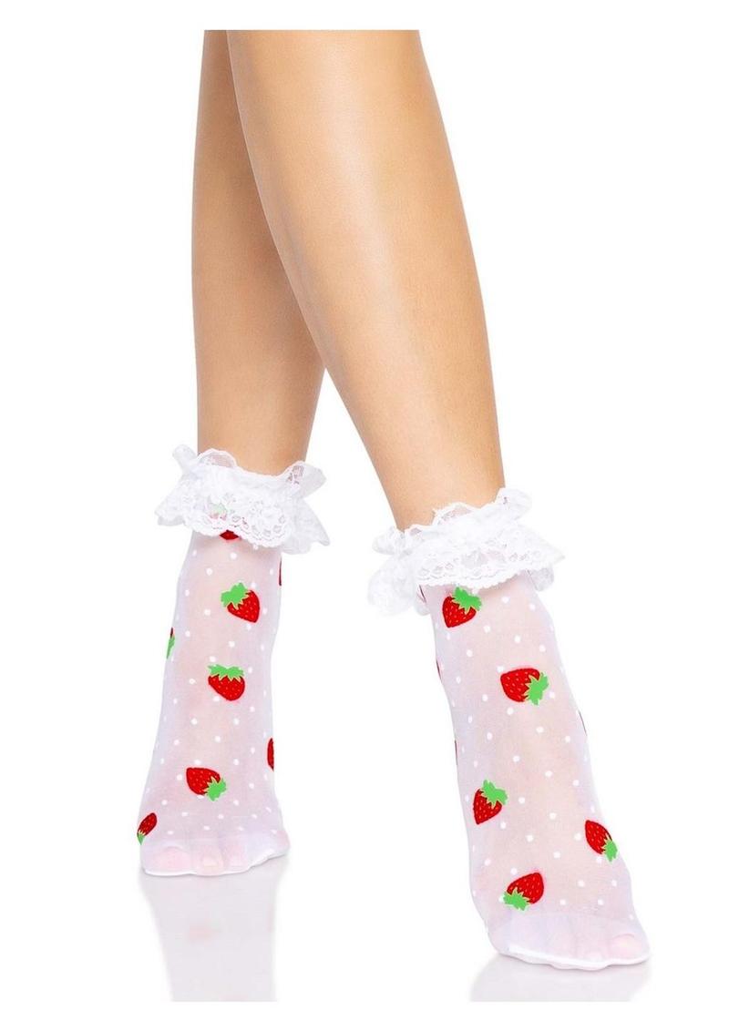 Strawberry Polka Dot Ruffle Top Anklets (White/Red) – One Size Hosiery Accessory > Clothes > Hosiery > Socks & Anklets