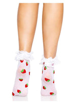 Strawberry Polka Dot Ruffle Top Anklets (White/Red) – One Size Hosiery Accessory > Clothes > Hosiery > Socks & Anklets