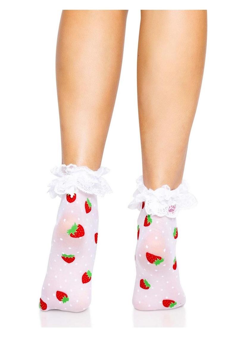 Strawberry Polka Dot Ruffle Top Anklets (White/Red) – One Size Hosiery Accessory > Clothes > Hosiery > Socks & Anklets