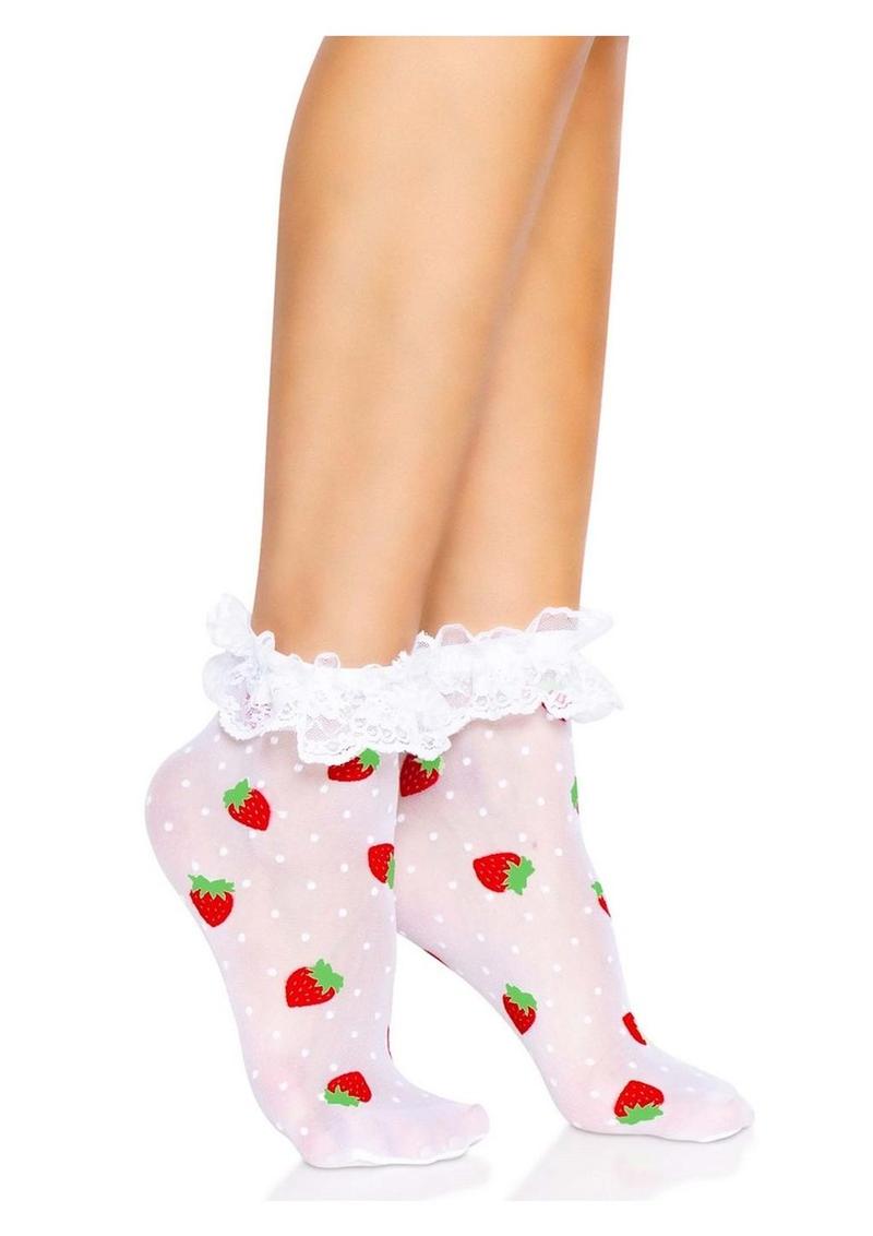Strawberry Polka Dot Ruffle Top Anklets (White/Red) – One Size Hosiery Accessory > Clothes > Hosiery > Socks & Anklets