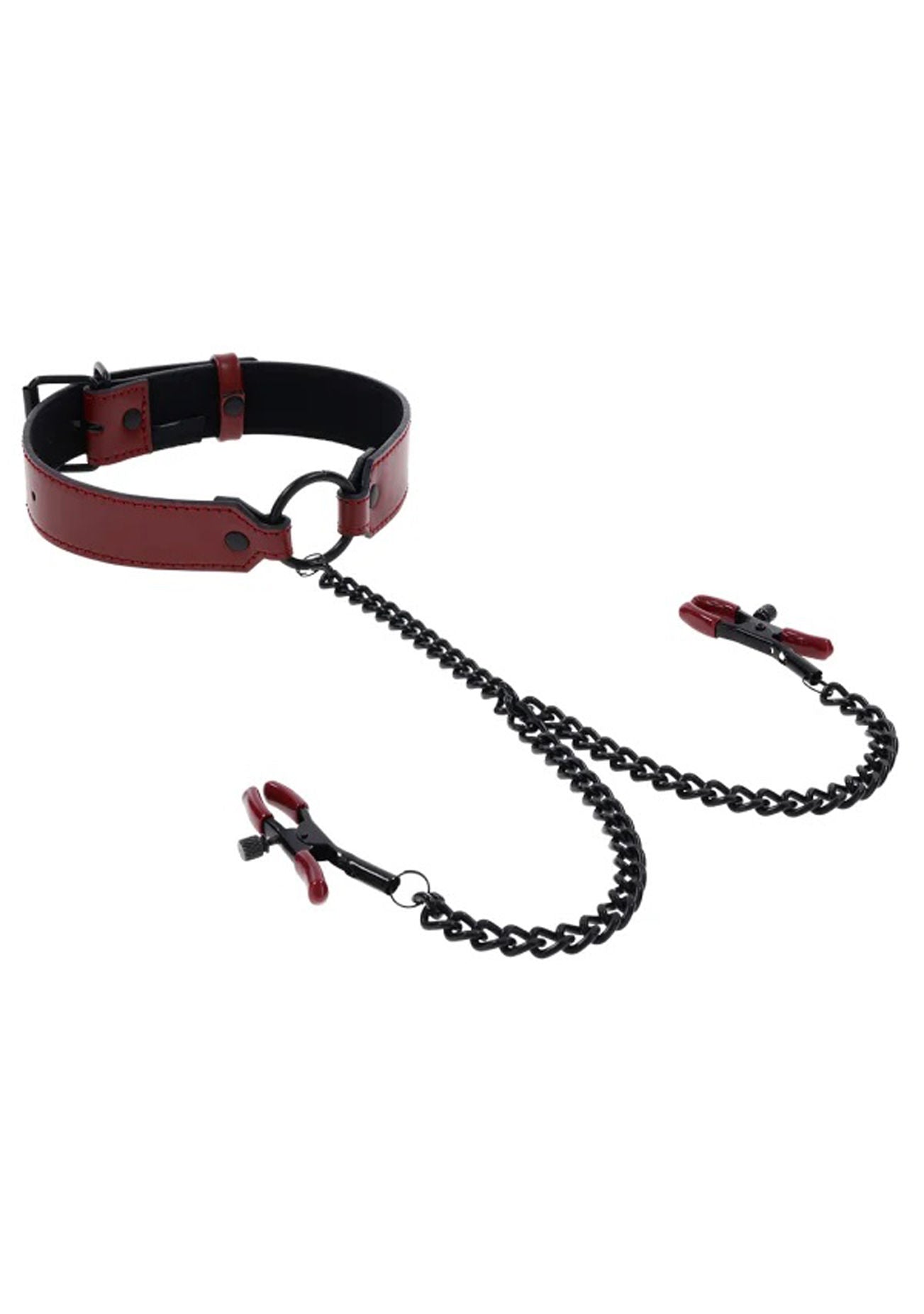 Saffron Bondage Collar With Nipple Clamps in Black and Red Nipple Clamps