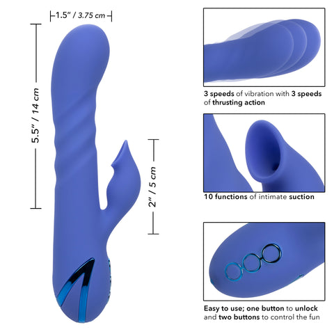 California Dreaming LA Love Blue Silicone Triple Motor Rechargeable Massager with 10 Functions of Intimate Suction and 3 Speeds of Vibration and Thrusting VIBRATORS-RABBIT-MULTI