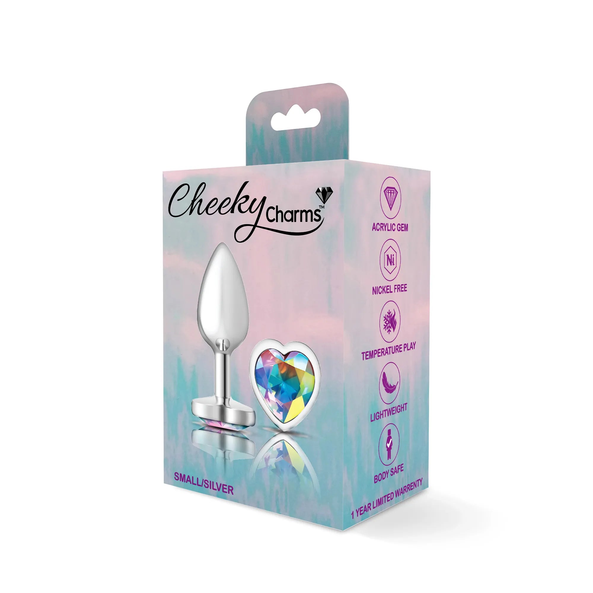 Cheeky Charms Silver Metal Butt Plug with Heart Clear Jewel Small > Anal Range > Jewel Butt Plugs