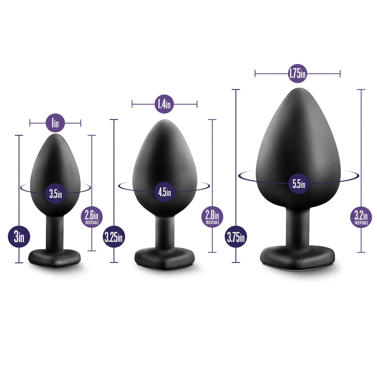Luxe Bling Plugs Training Kit – 3 Sizes Silicone Anal Plugs with Heart Gems > Anal Range > Butt Plug Kits