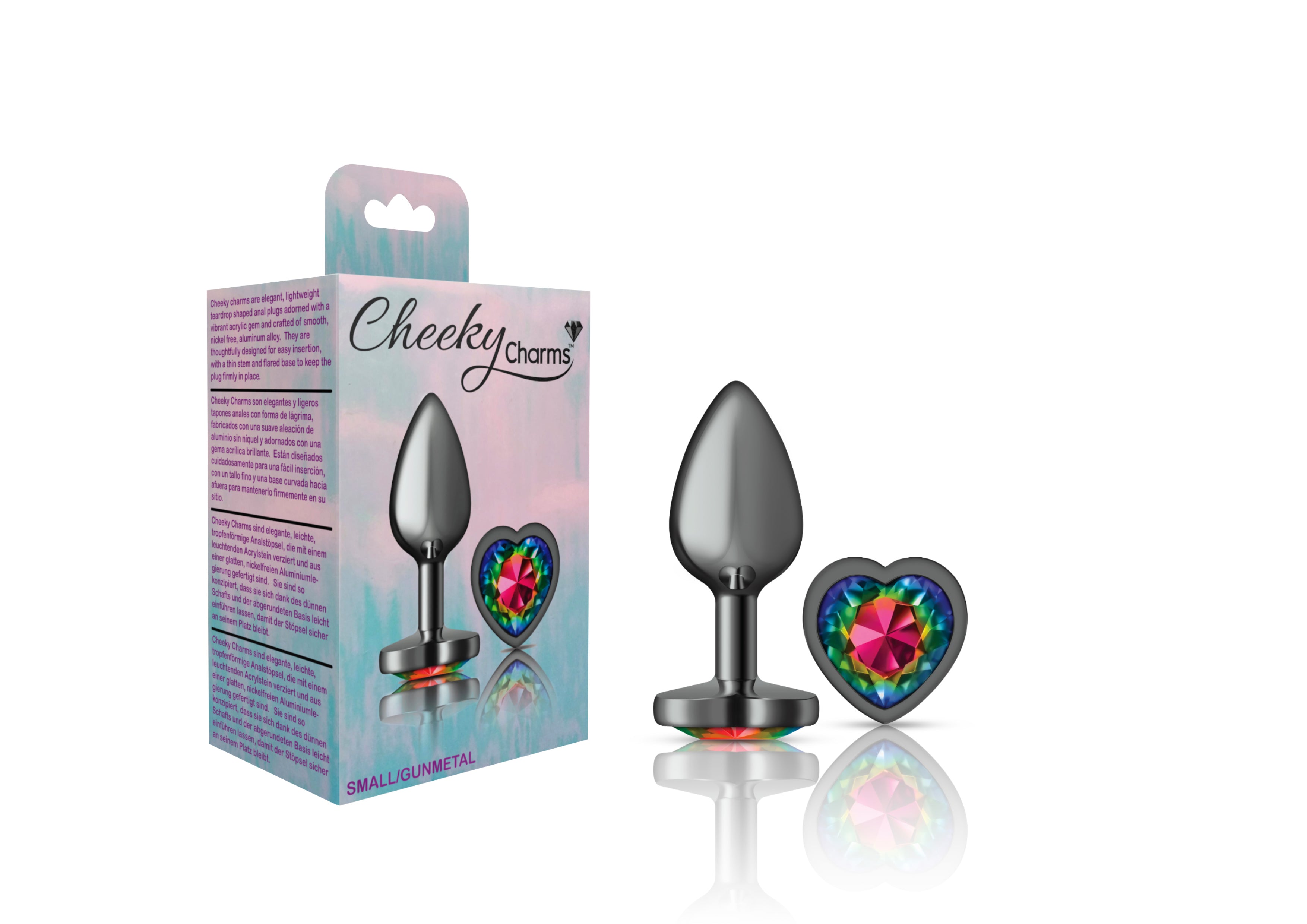 Cheeky Charms Gunmetal Butt Plug with Heart Rainbow Jewel Small > Anal Range > Jewel Butt Plugs