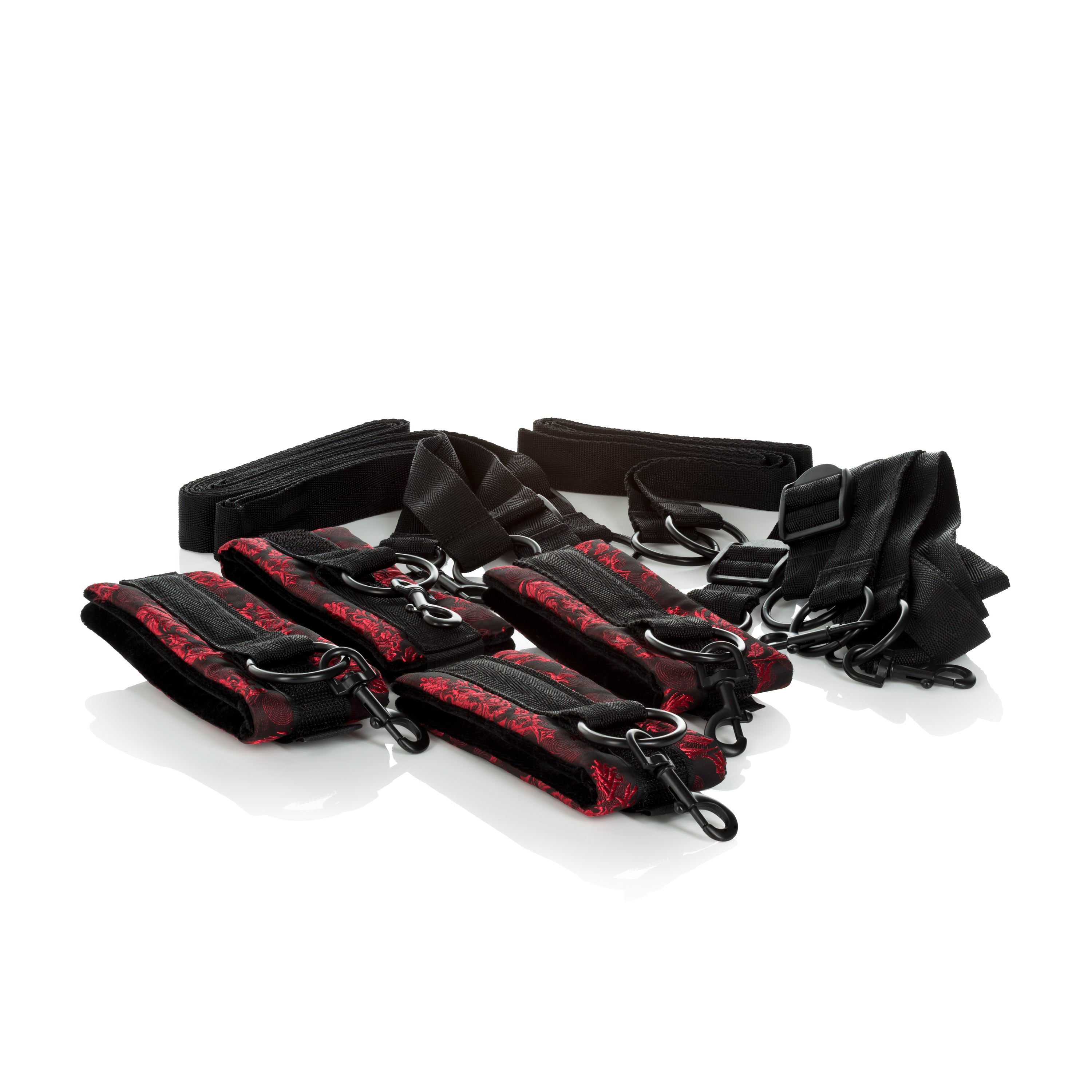 Scandal Bed Restraints Red Brocade Adjustable Plush Wrist and Ankle Cuffs with Extension Tether > Bondage Gear > Restraints