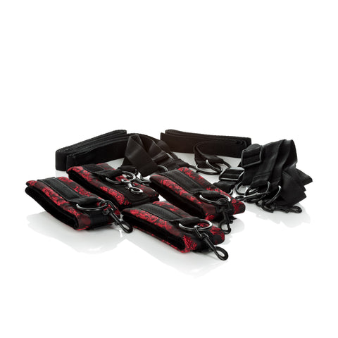 Scandal Bed Restraints Red Brocade Adjustable Plush Wrist and Ankle Cuffs with Extension Tether > Bondage Gear > Restraints