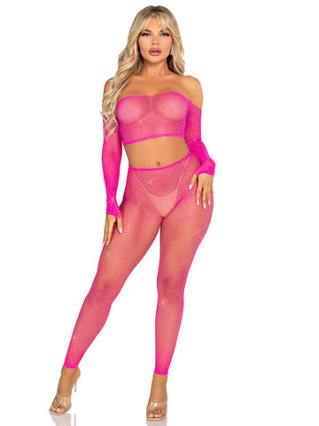 Rhinestone Fishnet Crop Top and Footless Tights Lingerie Set Pink Lingerie Sets