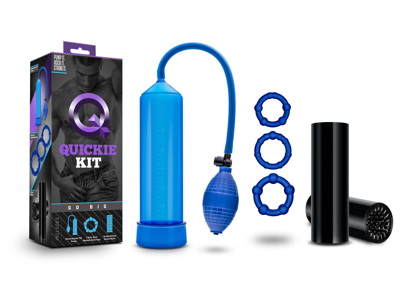 Quickie Go Big Kit Blue with Pump Beaded Rings and Sleeve Blue > Sex Toys > Sex Kits