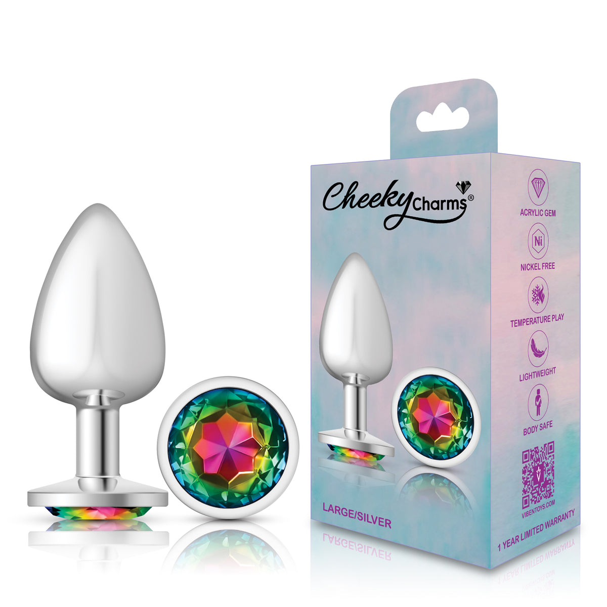 Cheeky Charms Silver Round Butt Plug with Rainbow Jewel Large (9.12cm) > Anal Range > Jewel Butt Plugs