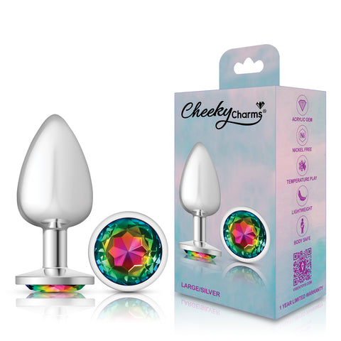 Cheeky Charms Silver Round Butt Plug with Rainbow Jewel Large > Anal Range > Jewel Butt Plugs