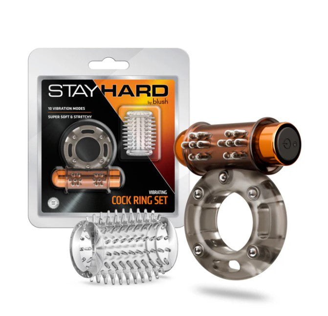 Stay Hard Vibrating Cock Ring Set With Textured Sleeve - Stamina Enhancer Multi > Cock Ring > Vibrating