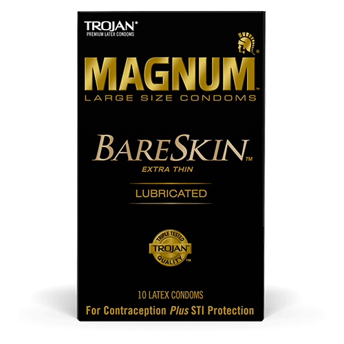 Trojan™ Magnum™ large size lubricated Bareskin™ Extra Thin condoms in a black and gold box, 10 count.