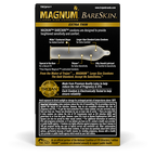 Back of Trojan™ Magnum™ large size lubricated Bareskin™ Extra Thin condoms in a black and gold box, condom diagram.
