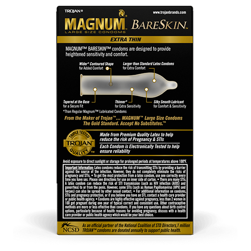 Back of Trojan™ Magnum™ large size lubricated Bareskin™ Extra Thin condoms in a black and gold box, condom diagram.