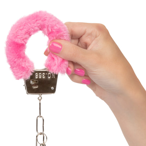 Playful Furry Cuffs Pink Plush Faux Fur Covered Adjustable Handcuffs with Lock and Keys > Bondage Gear > Restraints