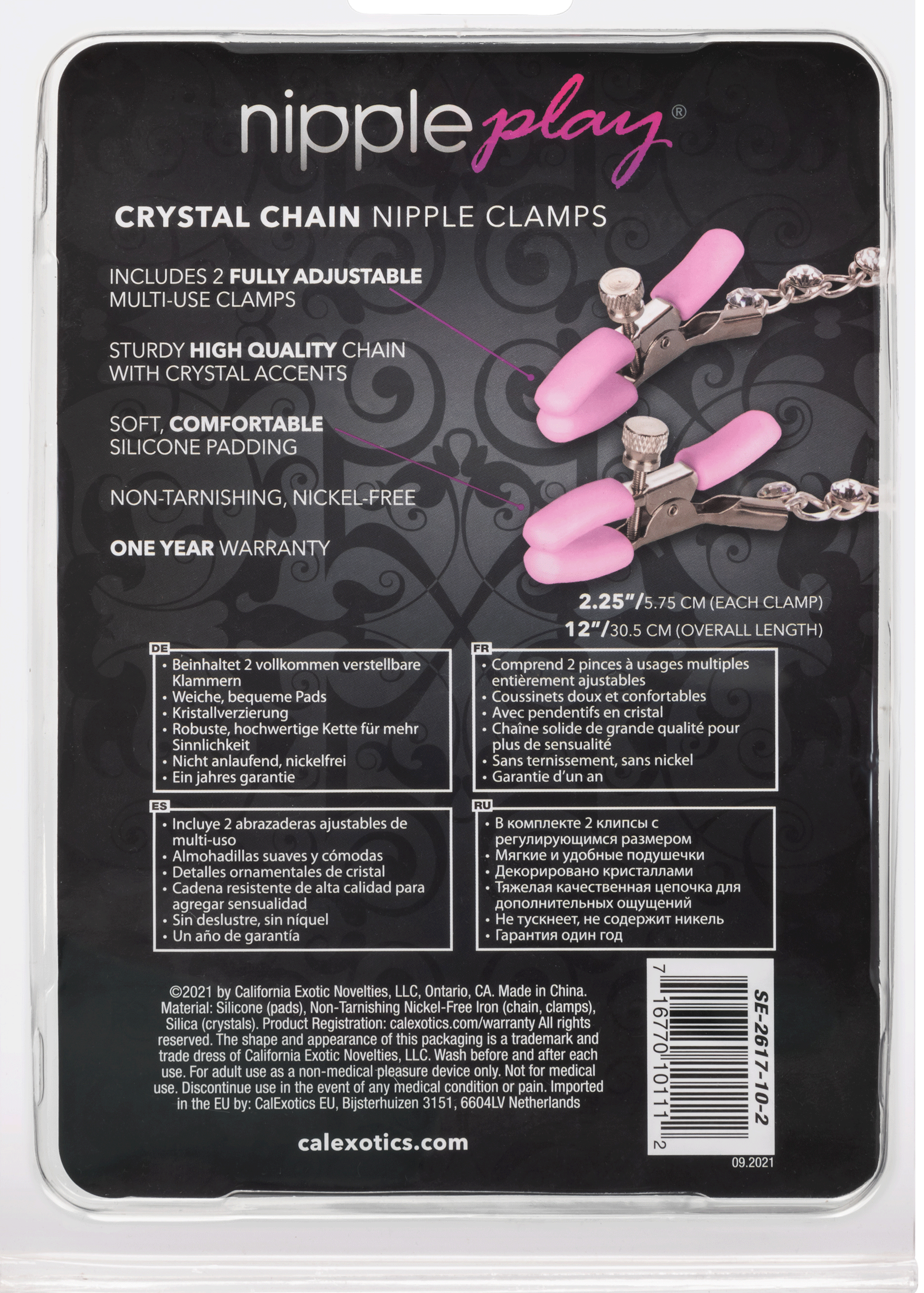 Nipple Play Crystal Chain Adjustable Nipple Clamps with Pink Silicone Coating and Sparkling Crystals Nipple Clips