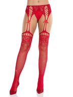 Red Rhinestone Lace Top Fishnet Stockings with Garter Belt Red One Size > Clothes > Hosiery > Garterbelt Sets