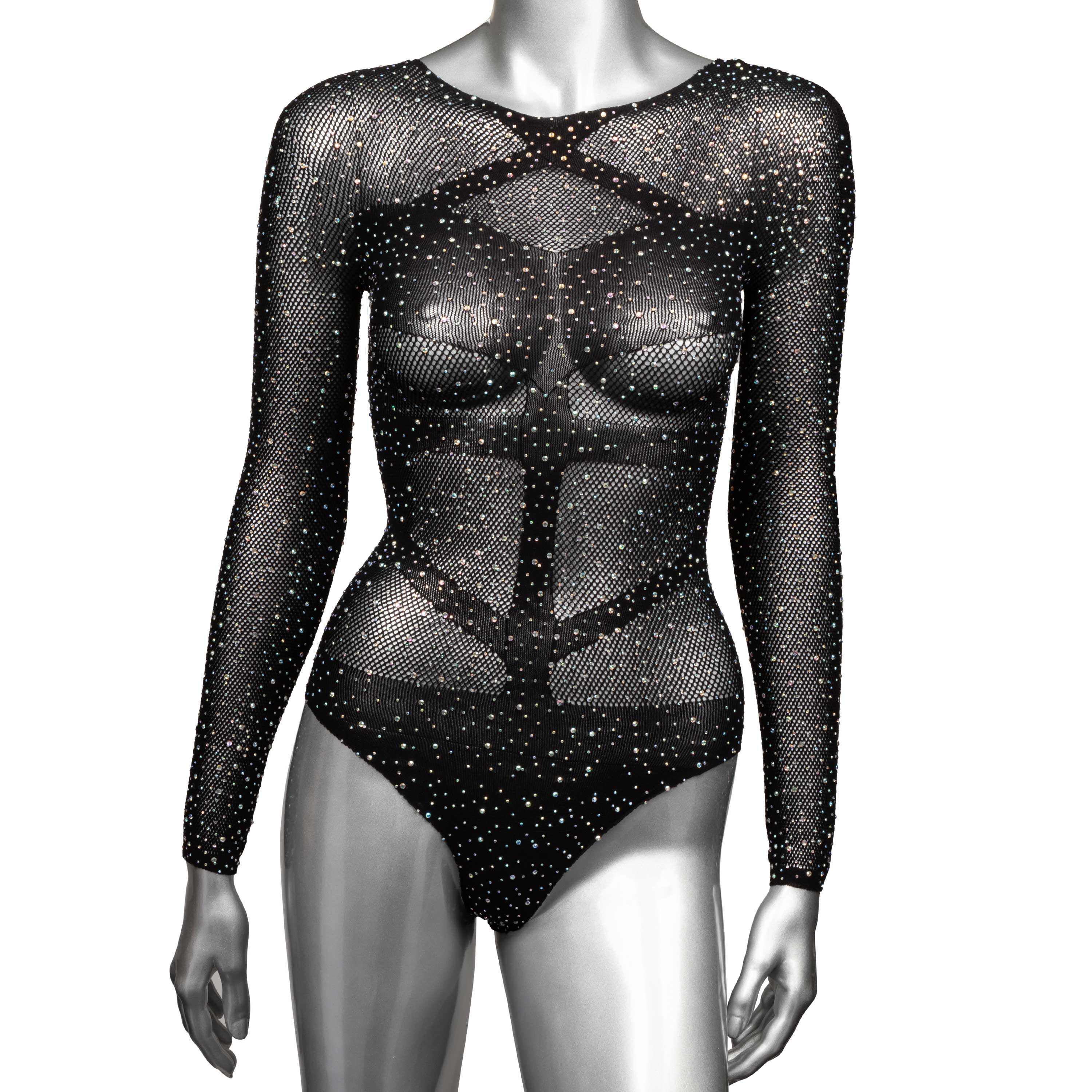 Radiance Plus Size Long Sleeve Black Mesh Rhinestone Body Suit Fits Up To 3X > Clothes > Plus Size Lingerie