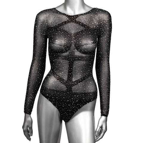 Radiance Plus Size Long Sleeve Black Mesh Rhinestone Body Suit Fits Up To 3X > Clothes > Plus Size Lingerie