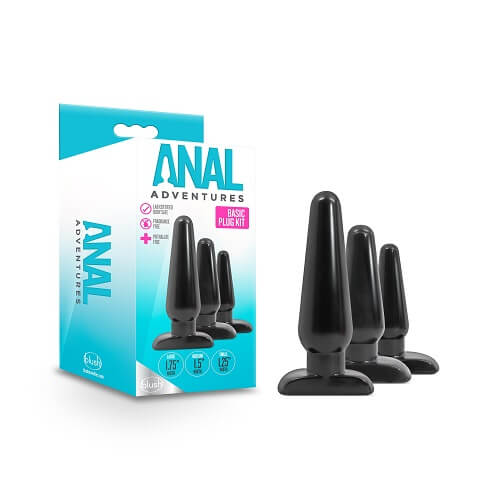 Anal Adventures 3 Pc Basic Plug Kit (Black) – Beginner 4 Inch and Medium > Anal Range > Butt Plug Kits