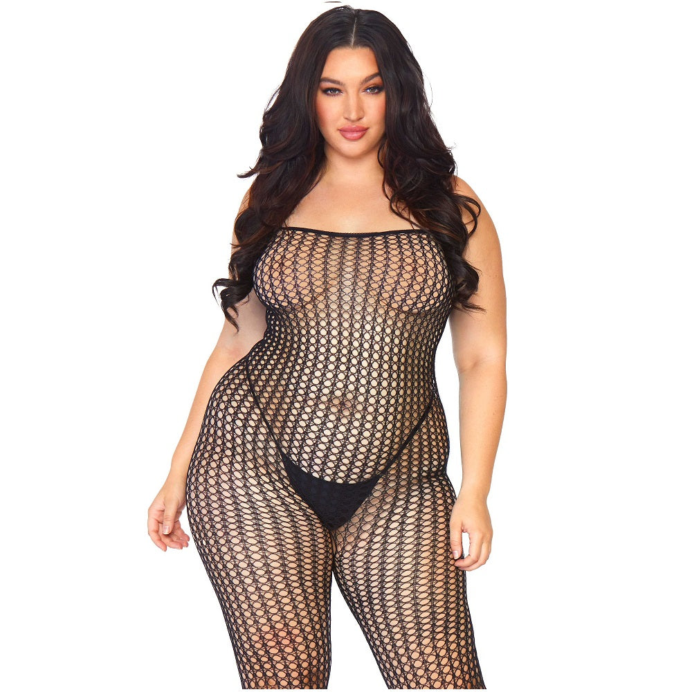 Black Crochet Net Bodystocking Queen Size Seamless Lingerie Bodystockings