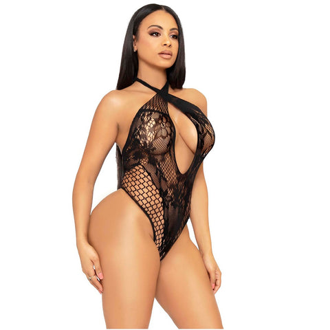 Keyhole Crossover Halter Teddy Bodysuit Lingerie in Black Teddies