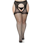 Plus Size Oval Net Suspender Hose with Opaque Top Black Black 1X-2X > Clothes > Hosiery > Garterbelt Sets