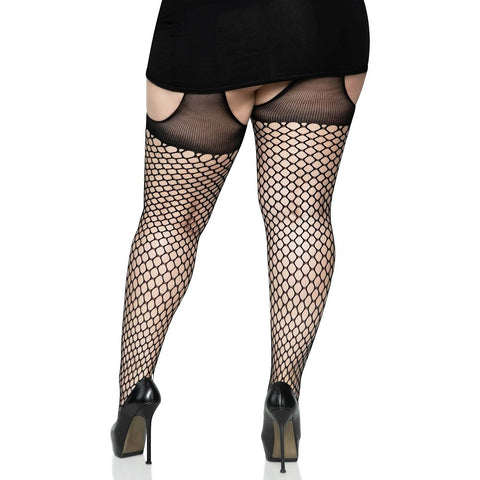 Plus Size Oval Net Suspender Hose with Opaque Top Black