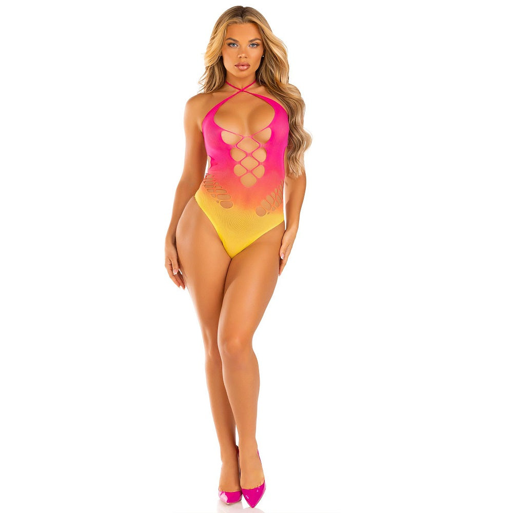 Ombre Halter Bodysuit One Size Seamless Lingerie Sunset Design Bodystockings