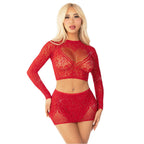 Black Rhinestone Lace Crop Top and Heart Keyhole Mini Skirt Red One Size > Clothes > Lingerie Sets