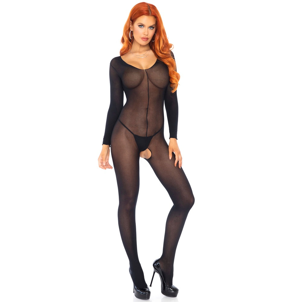 Long Sleeved Sheer Black Bodystocking One Size Lingerie Apparel Bodystockings