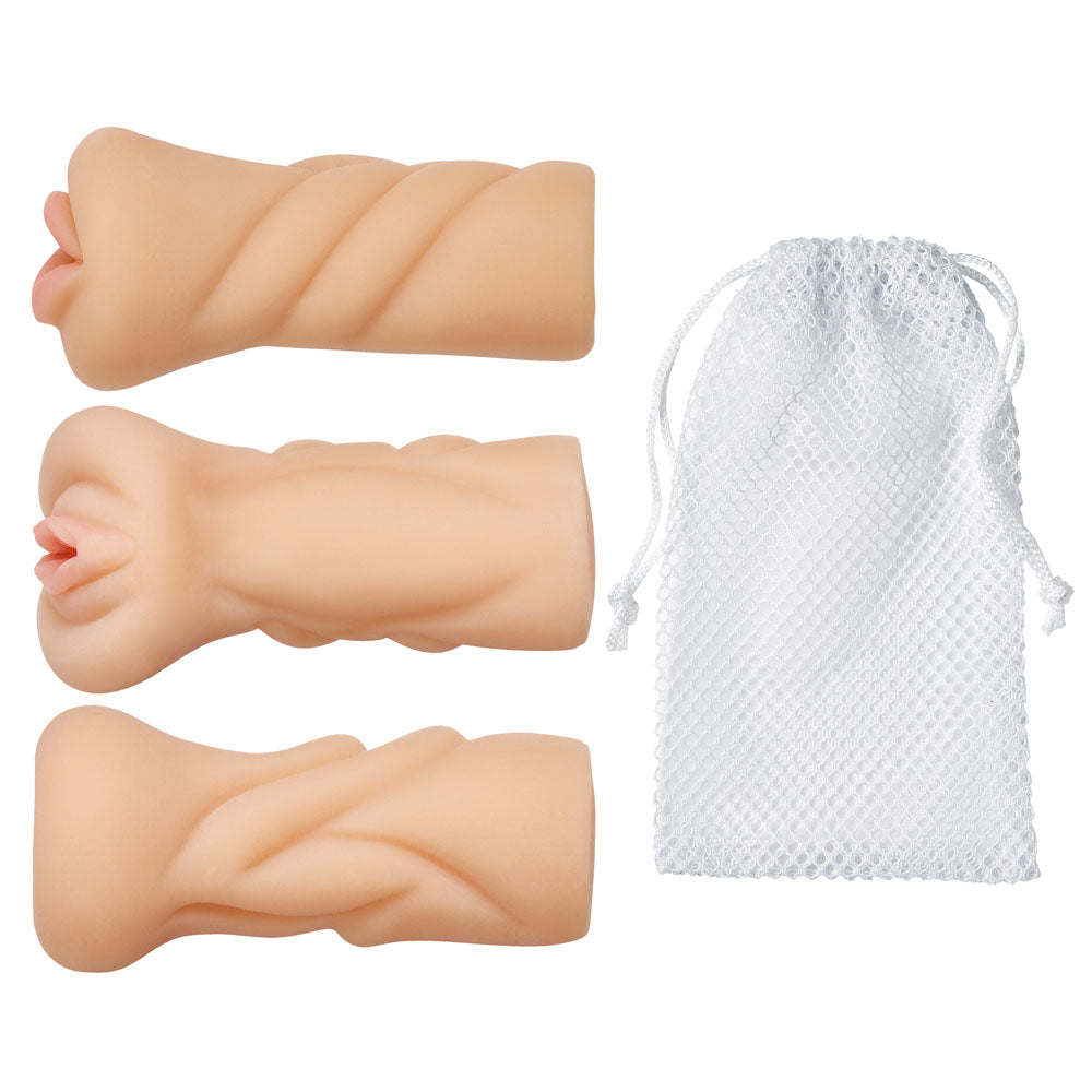 Trio Stroker Masturbator Kit for Pussy, Ass, and Mouth Flesh Beige Strokers - Manual