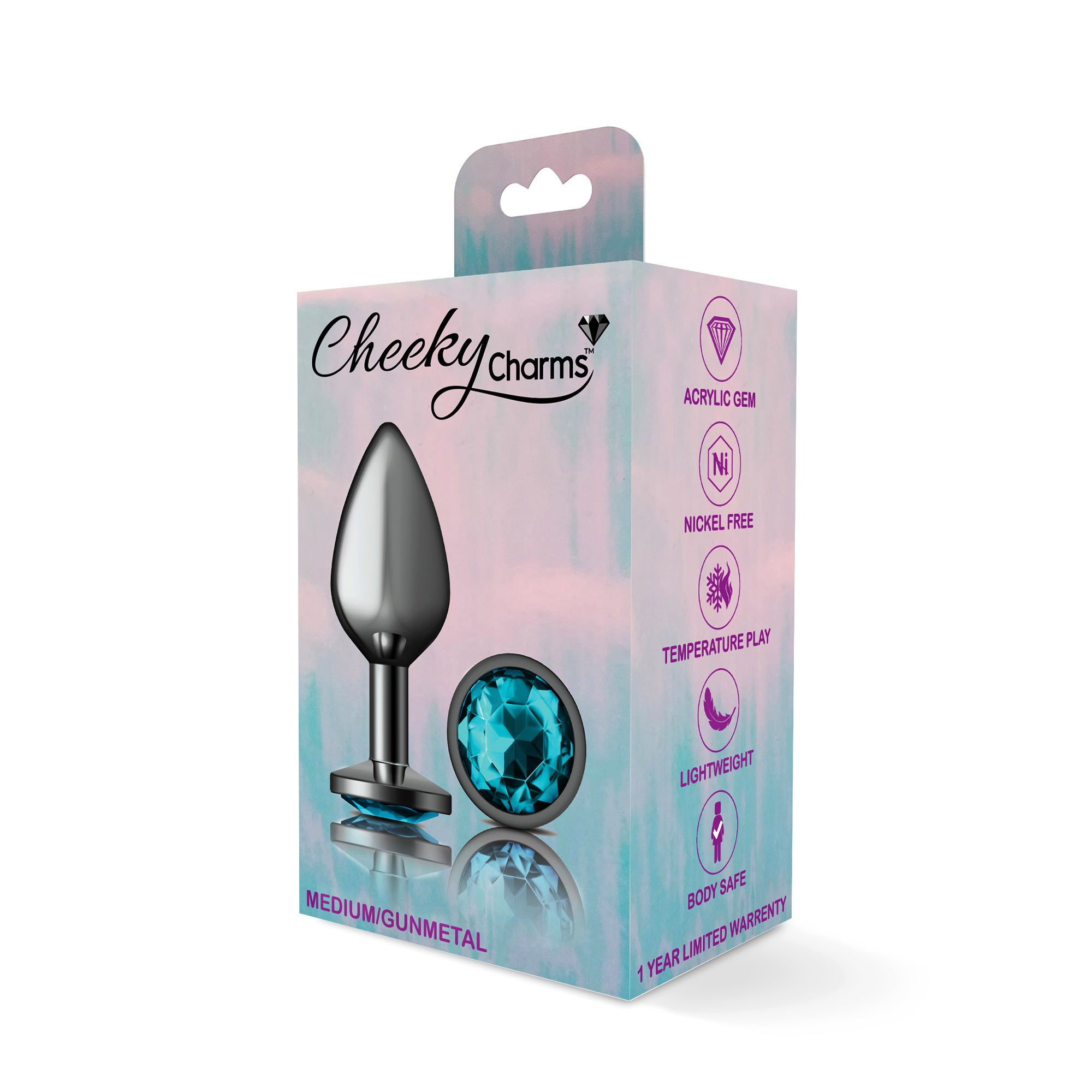Cheeky Charms Gunmetal Round Butt Plug with Teal Jewel Medium > Anal Range > Jewel Butt Plugs