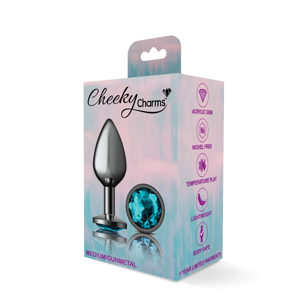 Cheeky Charms Gunmetal Round Butt Plug with Teal Jewel Medium (8.03cm) > Anal Range > Jewel Butt Plugs