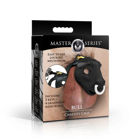 Bull Chastity Cage with Bull Head Design and Adjustable Rings Black Cages