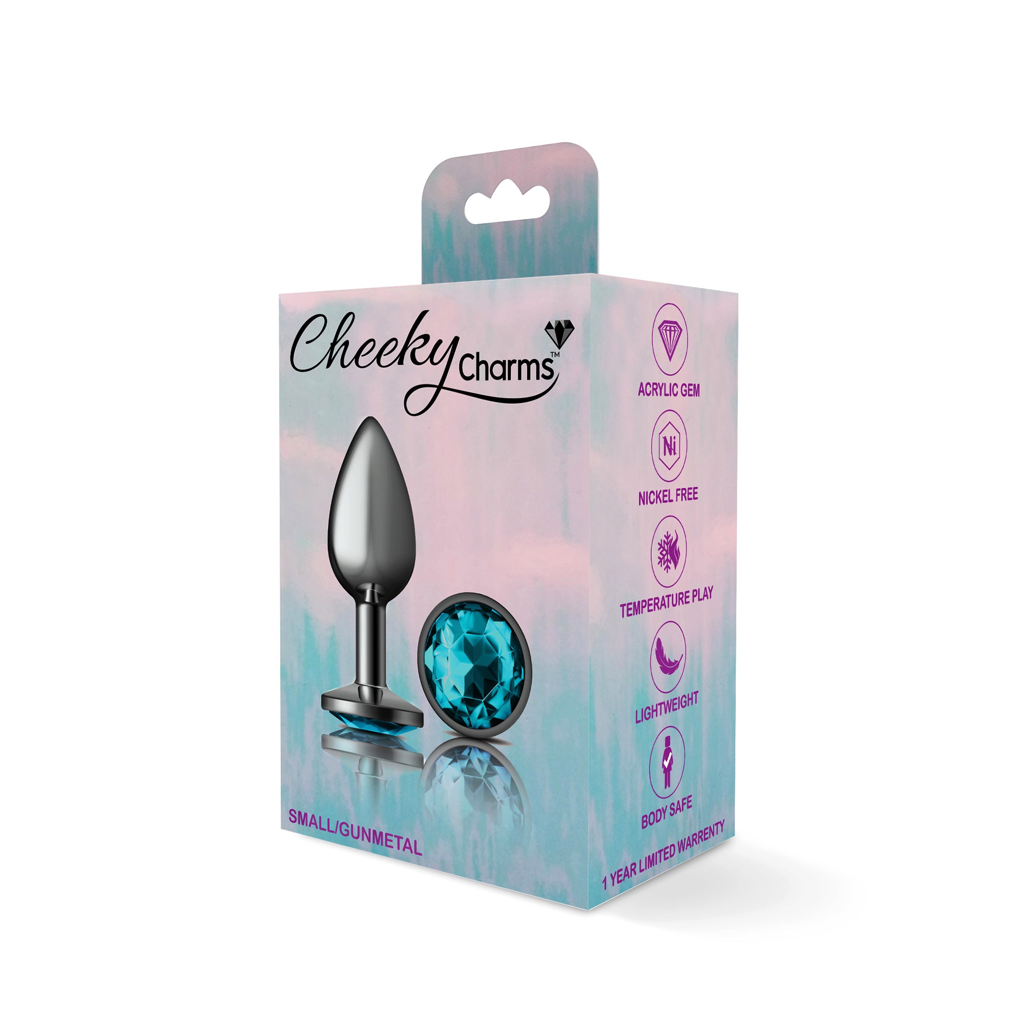 Cheeky Charms Gunmetal Round Butt Plug With Teal Jewel Small > Anal Range > Jewel Butt Plugs