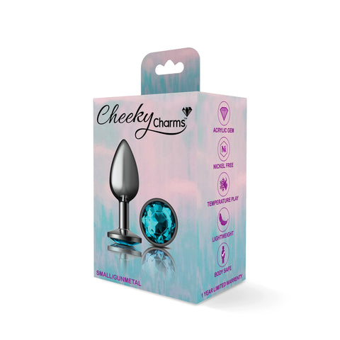 Cheeky Charms Gunmetal Round Butt Plug With Teal Jewel Small > Anal Range > Jewel Butt Plugs