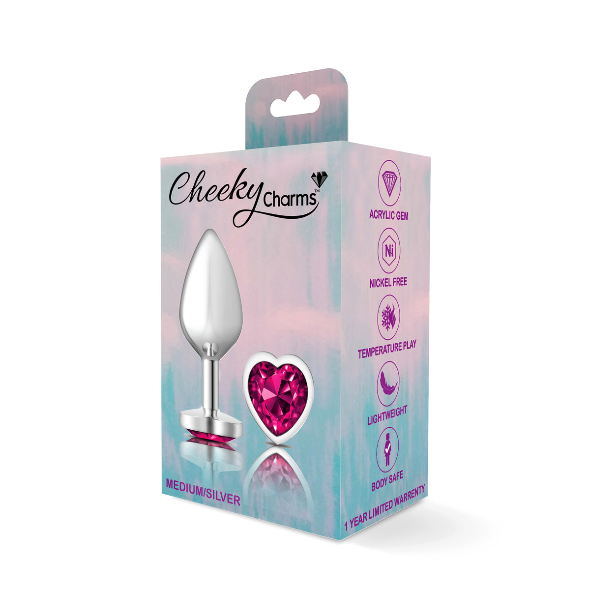 Cheeky Charms Silver Metal Butt Plug with Heart Pink Jewel Medium (8.03cm) > Anal Range > Jewel Butt Plugs