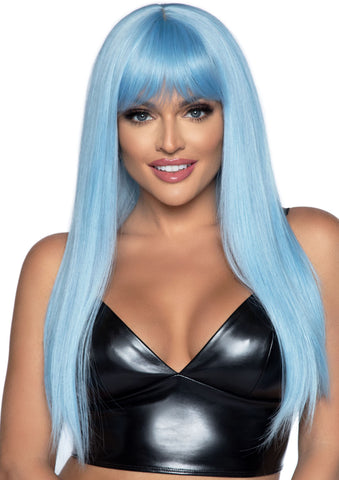 24 Inch Long Straight Blue Wig with Bangs for Adults Blue Wigs