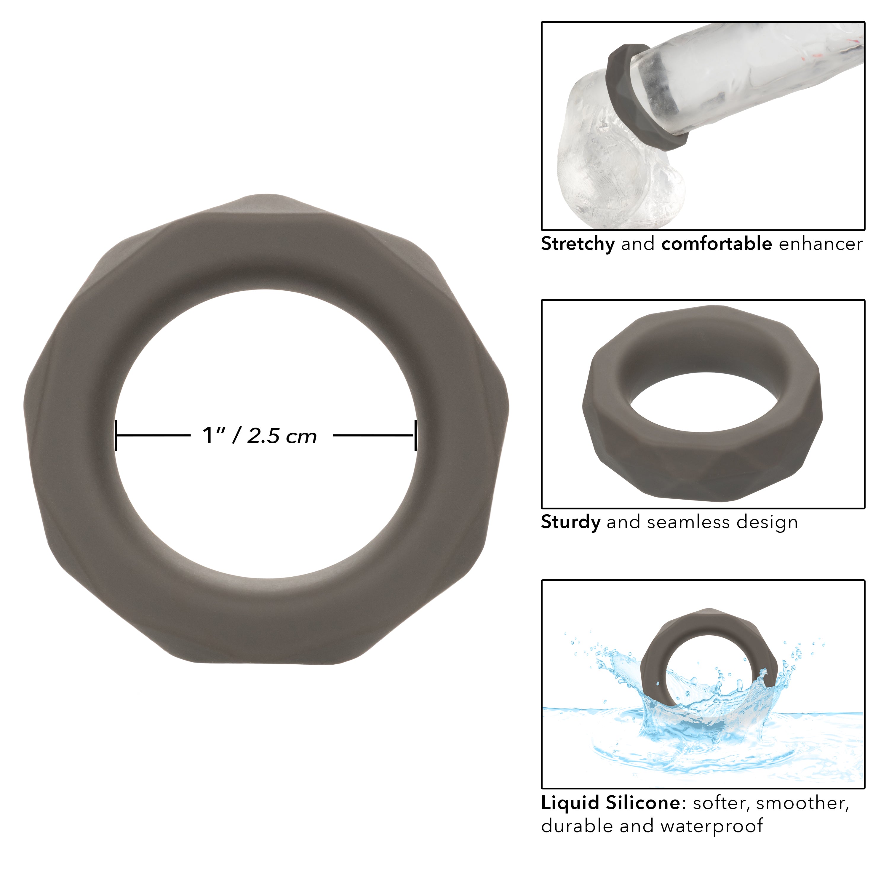 Alpha Liquid Silicone Prolong Prismatic Ring Gray 1 Inch Diameter Stretchy Durable Silicone COCK RINGS
