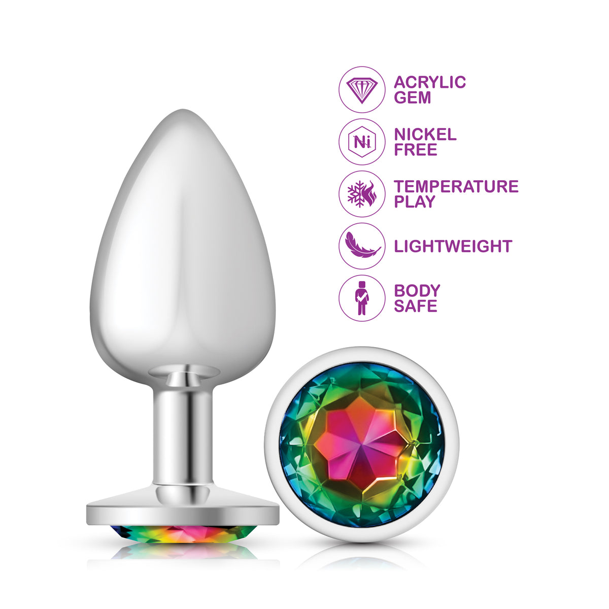 Cheeky Charms Silver Round Butt Plug with Rainbow Jewel Large (9.12cm) > Anal Range > Jewel Butt Plugs