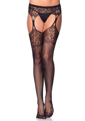 Leg Avenue Iris Fishnet With Garter (Black) – One Size Lingerie Black Hosiery