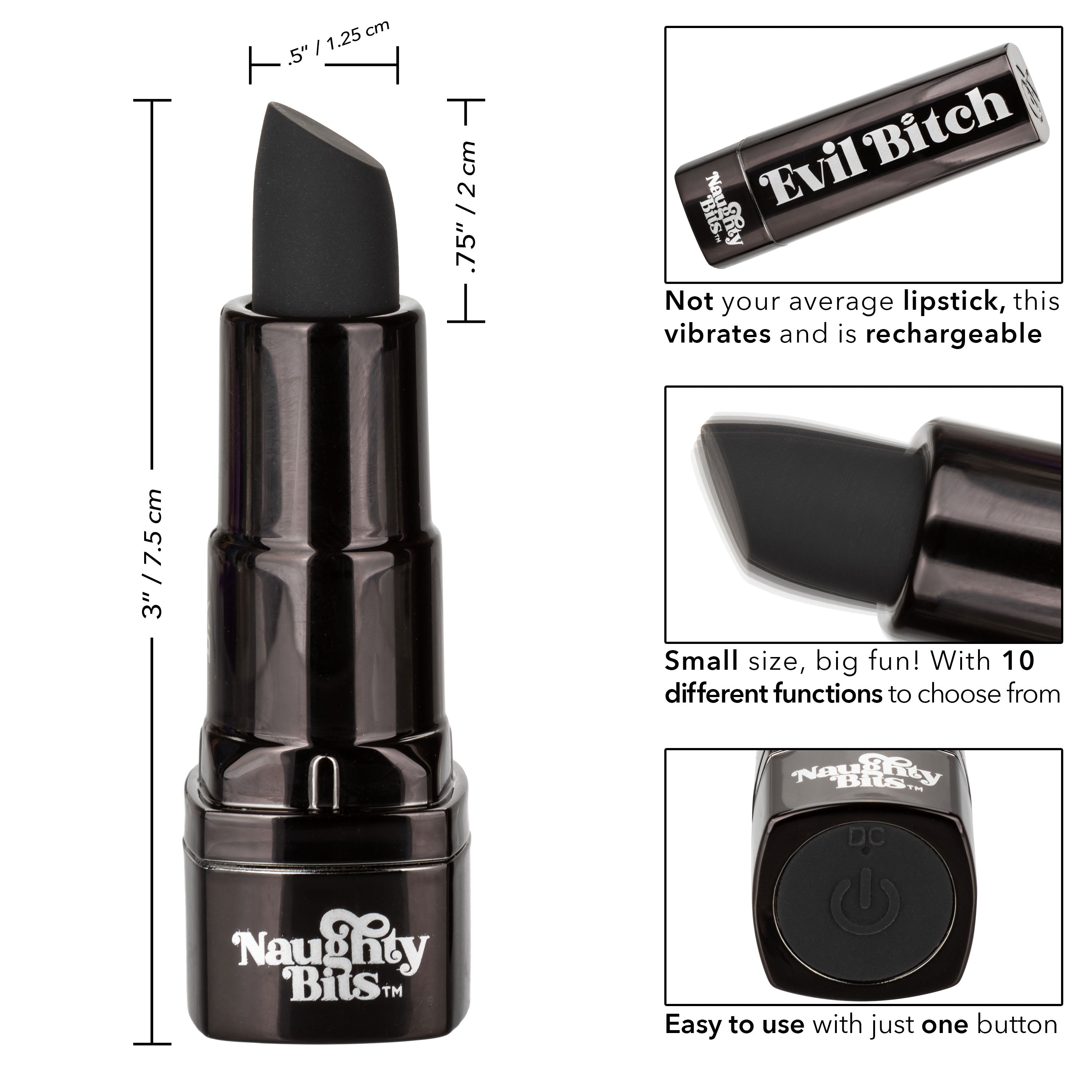 Naughty Bits Evil Bitch Black Lipstick Vibrator 4-Inch Rechargeable Waterproof Silicone Massager BULLETS