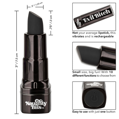 Naughty Bits Evil Bitch Black Lipstick Vibrator 4-Inch Rechargeable Waterproof Silicone Massager BULLETS