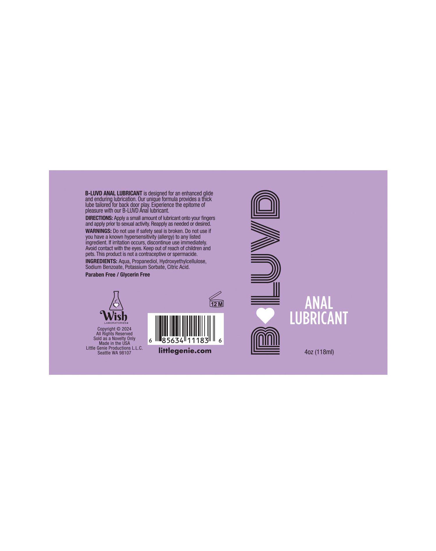 B-LUVD Anal Lubricant Water Based Gel 118 ml Bottle Anal Lubricant