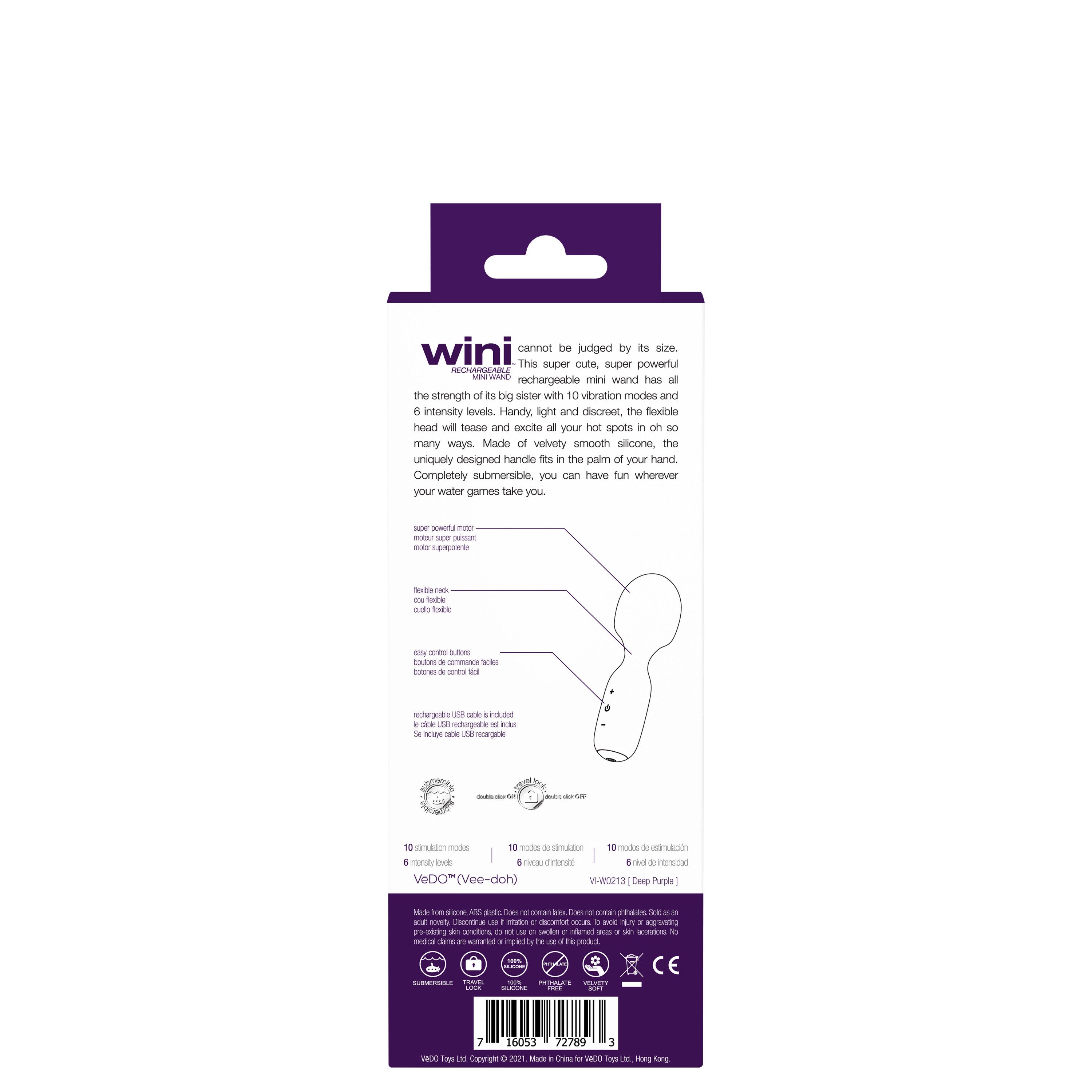 Wini Rechargeable Mini Wand Massager Black with 10 Vibrations Electric Massager